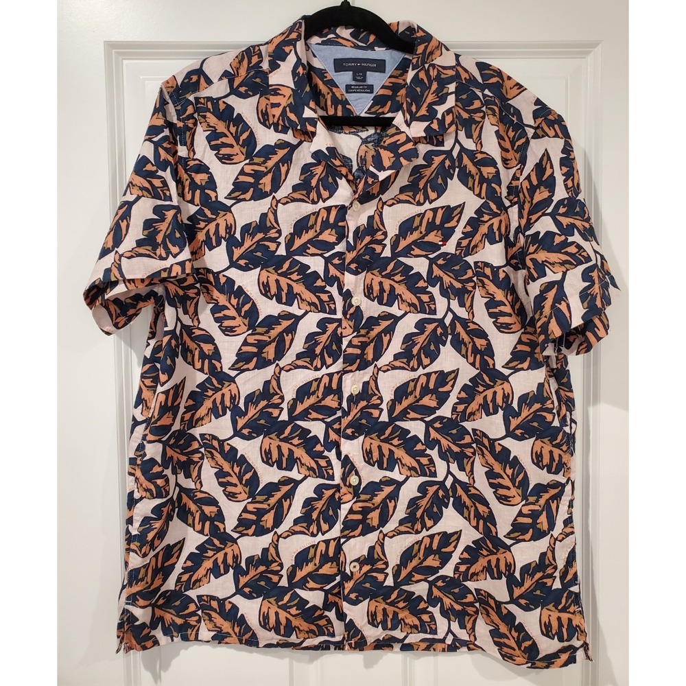 Tommy Hilfiger Men's L Regular Fit Linen Cotton Short Sleeve Floral Shirt